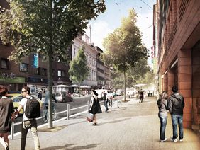 Die Infrastruktur und die Oberflächen von Friedrichstraße und Umgebung sollen neu gestaltet werden - so könnte es zukünftig aussehen. Visualisierung: Scape Landschaftsarchitekten GmbH