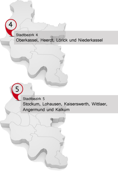 Kartenausschnitt Stadtbezirke 04 und 05 mit Stadtteilen