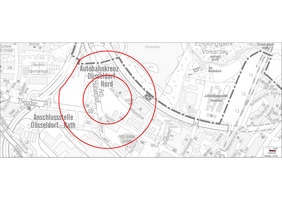 Die Weltkriegsbombe wurde in der Straße Am Hülserhof gefunden. Auf der Karte ersichtlich sind die Gefahrenbereiche A (kleiner Kreis) und B (großer Kreis). Foto: Landeshauptstadt Düsseldorf