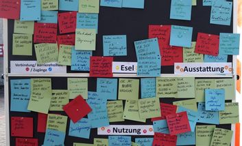 Foto von Pinnwand mit einer Vielzahl an farbigen, handbeschriebenen Karten mit Ideen zum Breidenplatz