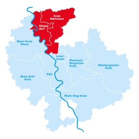Die Karte zeigt die Radregion Rheinland plus die neuen Mitglieder Landeshauptstadt Düsseldorf und Kreis Mettmann. © Radregion Rheinland 