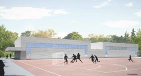 Außenansicht der neuen Sporthallen, die an der Gesamtschule Stettiner Straße gebaut werden