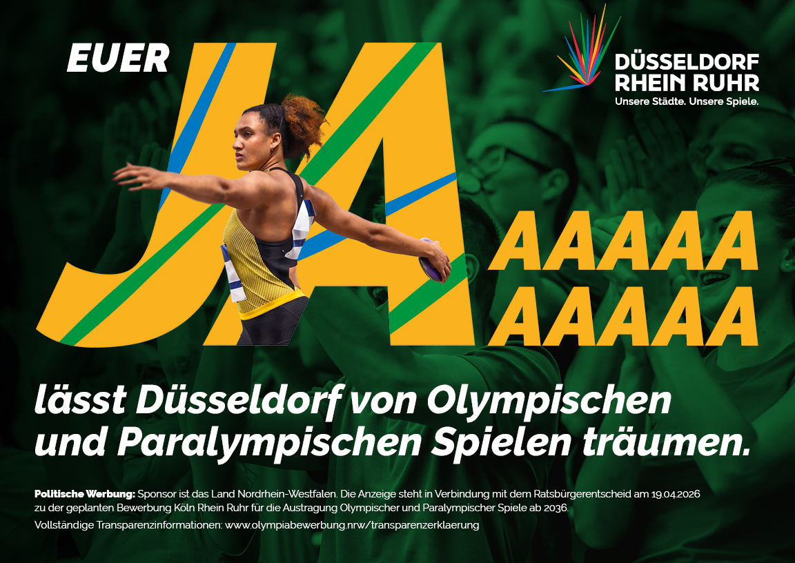 Werbeplakat mit einem großen Ja und eienr Athletin