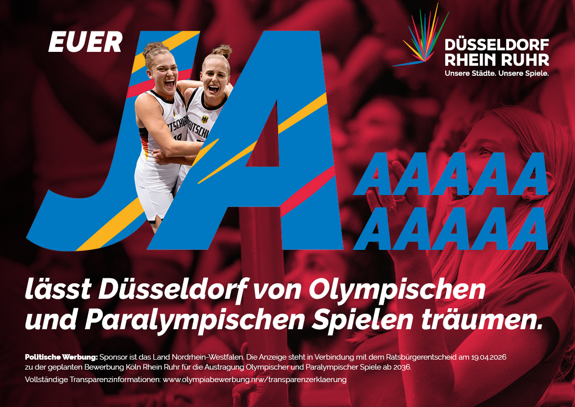 Werbeplakat mit einem großen Ja und Bildern von jubelnden Athleten