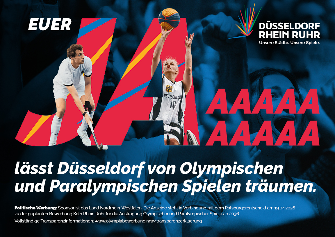 Werbeplakat mit einem großen Ja und zwei Athleten