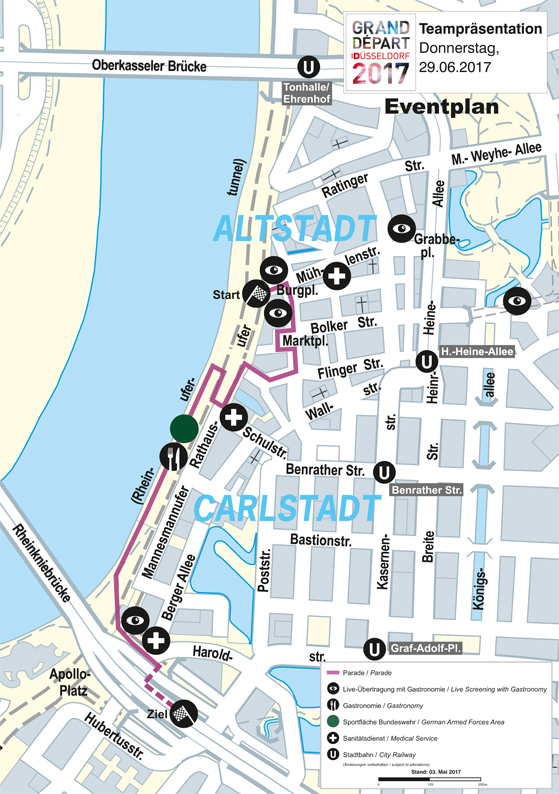 Streckenverlauf der Parade im Rahmen der Teampräsentation auf dem Burgplatz am Donnerstag, 29. Juni