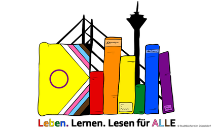 Grafische Darstellung von Büchern, in den Prideflaggen-Farben, im Hintergrund steht der Rheinturm und die Rheinkniebrücke. Unter den Büchern steht "Leben. Lernen. Lesen für ALLE."