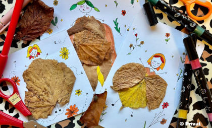 Foto von gebastelten Figürchen aus Herbstblättern
