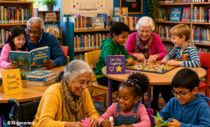 Ein KI-generierte buntes Bild, das Seniorinnen, Senioren und Kinder bei einer gemeinsamen Beschäftigung in einer Bibliothek zeigt.