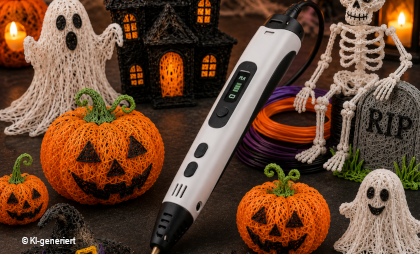 KI-generiertes Bild, dass Halloweenfiguren und -dekoration zeigt, die mit dem 3D-Stift erstellt wurden.