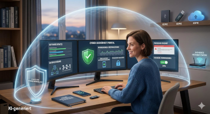 Mit KI generierte Grafik, die eine Frau am Schreibtisch mit Computern und Schutzsoftware zeigt. Darum sieht man einen Schutzschild