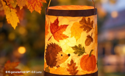 KI-generiertes Bild, das eine herbstlich dekorierte Laterne zeigt.