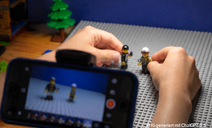 KI-generiertes Bild: Man sieht durch die Kamera eines Smartphones auf zwei Hände, die zwei kleine Figuren halten.