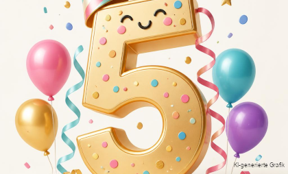 Mit KI-generiertes Bild, das eine bunte 5 mit Luftballons und Konfetti zeigt