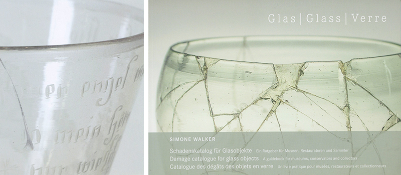 Aus dem Glasschadenskatalog von Simone Walker M.A.: Sprung / Crack / Fissure, mäßiger Schaden (r.) | Titelbild Glasschadenskatalog von Simone Walker M.A.