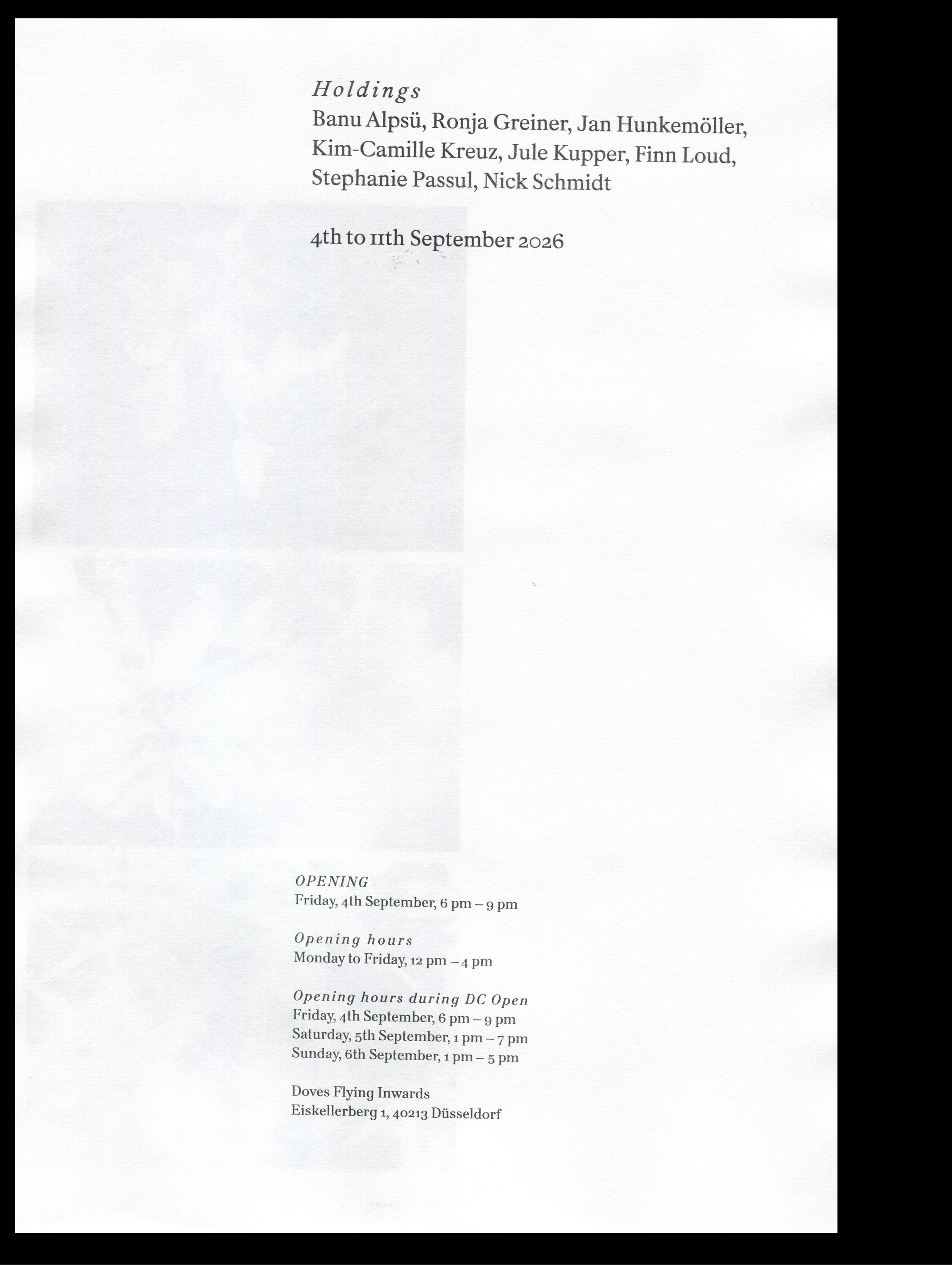 Ausstellungsplakat, Holdings, Doves Flying Inwards, 2026