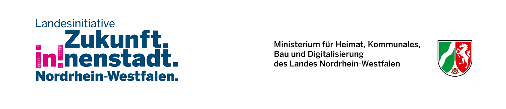Dachmarke "Landesinitiative Zukunft. in!nenstadt.Nordrhein-Westfalen." und Logo des Ministerium für Heimat, Kommunales, Bau und Digitalisierung des Landes Nordrhein-Westfalen