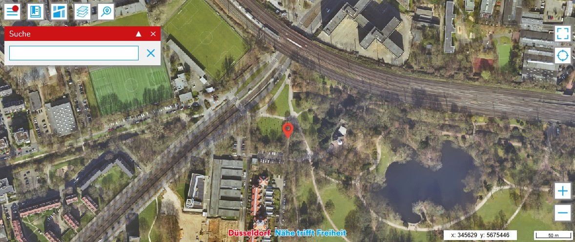 Ein Marker zeigt auf einem Luftbild der Umgebung wo sich die Maßnahme genau befindet