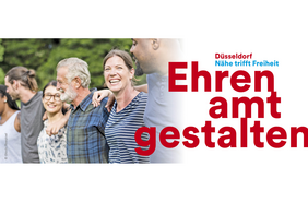 Auf dem Bild sind fröhliche Menschen verschiedener Kulturen Arm in Arm abgebildet. Zudem ist ein in Rot gehaltener Schriftzug "Ehrenamt gestalten" zu sehen.