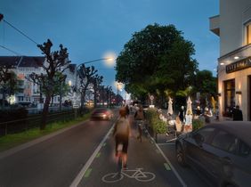 Visualisierung der Luegallee mit Radfahrstreifen bei Nacht