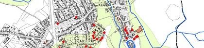 Karte der ehemaligen und aktuellen Angerauen im Ortsteil Angermund und Gebäude mit Problemen bei hohen Grundwasserständen