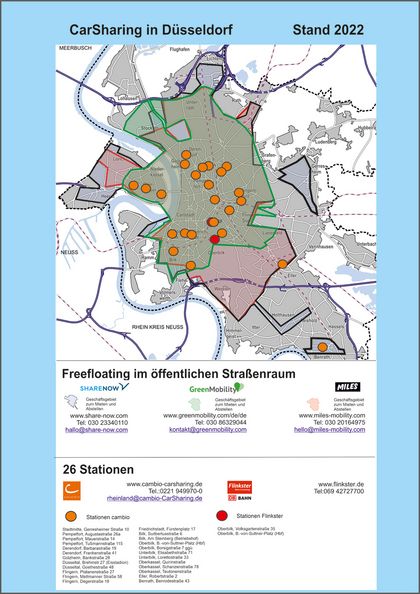 Übersichtskarte CarSharing Standorte Düsseldorf Stand 2022
