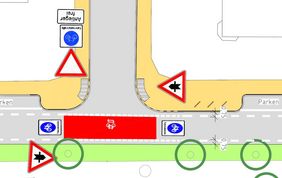 Neue Fahrradstaßen entstehen auf der Limburgstraße und der Gutenbergstraße. Ein 25 Zentimeter breiter, unterbrochener Strich kennzeichnet dort zukünftig deutlich den zu befahrenden Bereich der Fahrradstraße. © Amt für Verkehrsmanagement