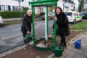 An der Straße Unter den Eichen wurden im Rahmen des Stadtbaumkonzeptes neun Zürgelbäume aus der städtischen Baumschule gepflanzt. Umweltdezernentin Helga Stulgies und Gartenamtsleiterin Doris Törkel (links) gießen einen davon symbolisch; Foto: Gstettenbauer