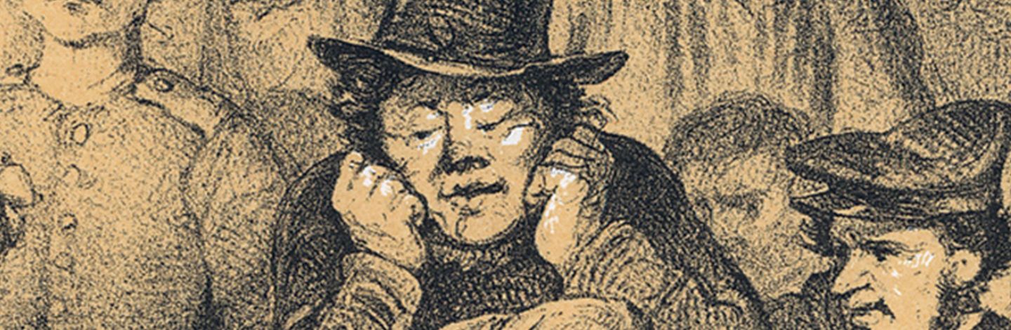 Auschnitt einer Lithographie von Achenbach, Publikum im Stadttheater 1848
