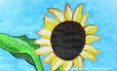 Gemaltes Bild: Sonnenblume vor blauem Hintergrund