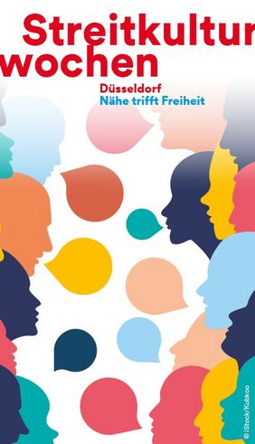 Auf dem Titelblatt des Flyers zu den Düsseldorfer Streitkulturwochen sind in bunten Farben schemenhafte Gesichtsprofile und Sprechblasen abgebildet. 