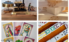 Fotocollage von vier unterschiedlichen Spielen wie zum Beispiel Jenga und Domino