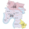Ausschnitt Düsseldorfer Stadtkarte mit Stadtbezirken - Düsseldorf Süd