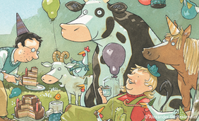 Kuh, Pferd und zwei Kinder mit Geburtstagshütchen
