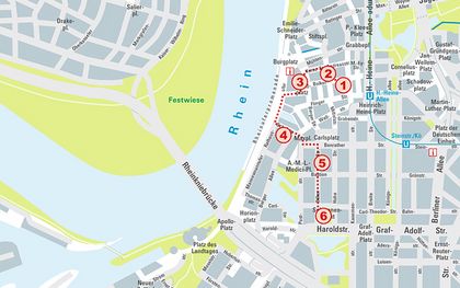 Stadtplanausschnitt mit den Stationen der HeineTour