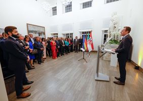 Empfang des Konsularischen Korps im Düsseldorfer Rathaus: Oberbürgermeister Dr. Stephan Keller bei seiner Rede, Foto: Zanin.