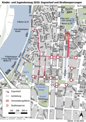 Die Grafik zeigt den Zugverlauf des Kinderumzuges am Samstag, 1. März, sowie die damit verbundenen Straßensperren. Grafik: Amt für Verkehrsmanagement