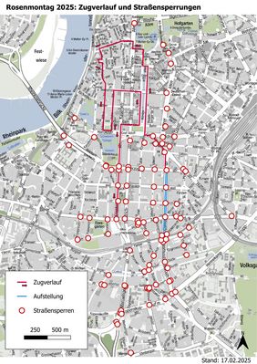 Der Verlauf des Rosenmontagszuges und die damit verbundenen Straßensperren am 3. März in der Übersicht. Grafik: Amt für Verkehrsmanagement
