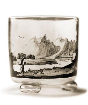 Kugelfußbecher mit Landschaft, Glas, Schwarzlot (radiert), Johann Schaper (nach Gebriel Perelle), Nürnberg, um 1667/1670; Foto: Kunstpalast Düsseldorf - Glasmuseum Hentrich