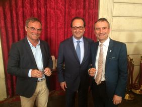 Bernard Hinault, Präsident François Hollande und Oberbürgermeister Thomas Geisel (von links)