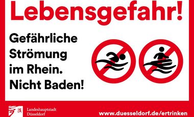 Beim Schwimmen im Rhein droht Lebensgefahr: Die Stadt appelliert eindringlich an alle Bürgerinnen und Bürger sowie Besucherinnen und Besucher, die Warnhinweise ernst zu nehmen und auf das Baden im Rhein zu verzichten.