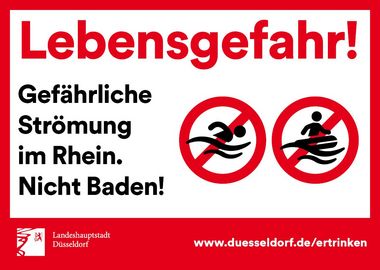 Beim Schwimmen im Rhein droht Lebensgefahr: Die Stadt appelliert eindringlich an alle Bürgerinnen und Bürger sowie Besucherinnen und Besucher, die Warnhinweise ernst zu nehmen und auf das Baden im Rhein zu verzichten.