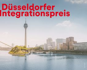 Düsseldorf Skyline mit Schriftzug Düsseldorfer Integrationspreis