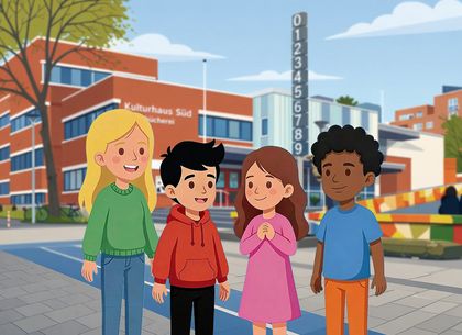 Vier Kinder stehen vor dem Kulturhaus Süd, Foto: Landeshauptstadt Düsseldorf