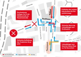 Die Grafik gibt eine Übersicht über die verkehrlichen Vorkehrungen des Pilotprojektes für Einsatzfahrten in der nördlichen Altstadt. Grafik: Landeshauptstadt Düsseldorf