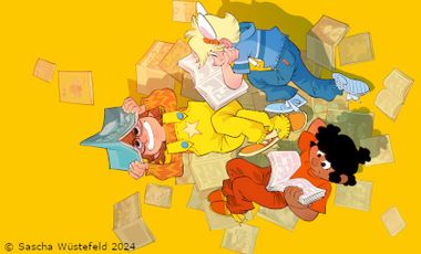 Gratis Comic Tag: gezeichnetes Bild auf dem drei Kinder umgeben von Comics auf dem Boden liegen und lesen.