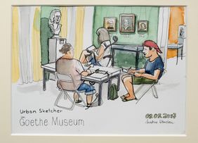 Ein Urban Sketcher im Goethe-Museum, eines der Exponate in der Ausstellung, Foto: Uwe Schaffmeister.