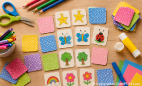Mit KI erstelltes Bild, das bunte, selbst gebastelte Memory-Karten zeigt