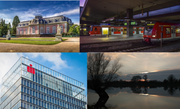 Collage aus Fotos des Schlosses Benrath, dem Düsseldorfer Hauptbahnhof, dem Sparkassenhochhaus an der Berliner Allee und einer abendlichen Impression vom Unterbacher See.