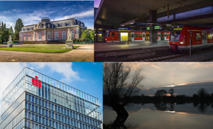 Collage aus Fotos des Schlosses Benrath, dem Düsseldorfer Hauptbahnhof, dem Sparkassenhochhaus an der Berliner Allee und einer abendlichen Impression vom Unterbacher See.